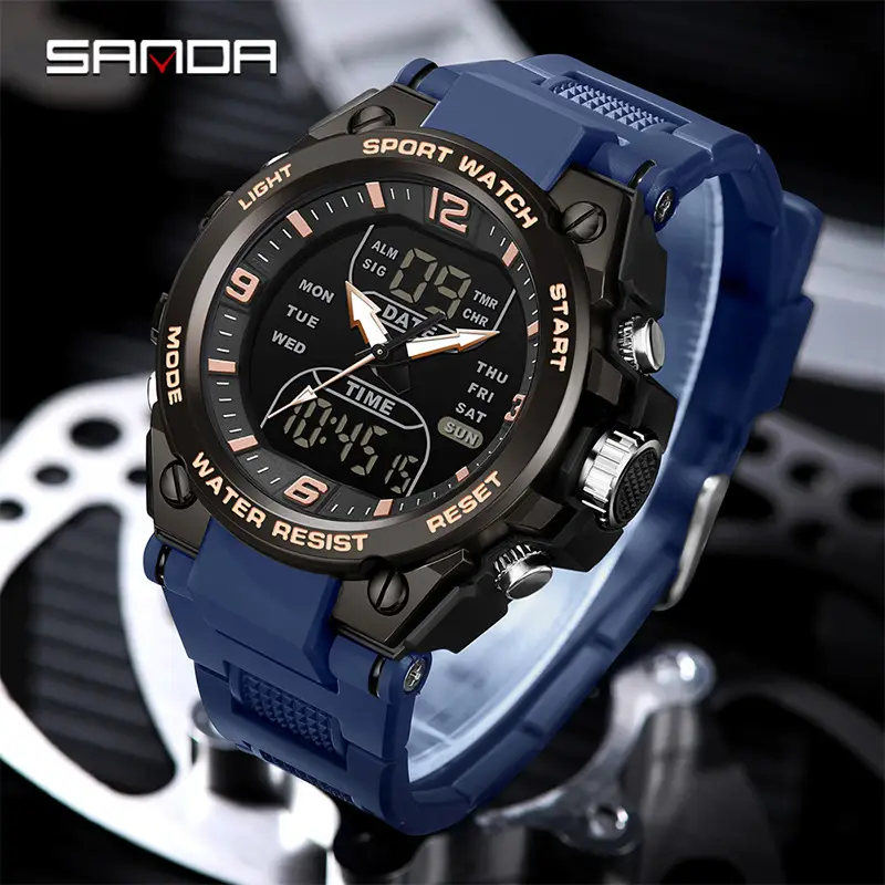 Sanda Dual Display Waterproof Sports Watch Blue Silicone - Image 9