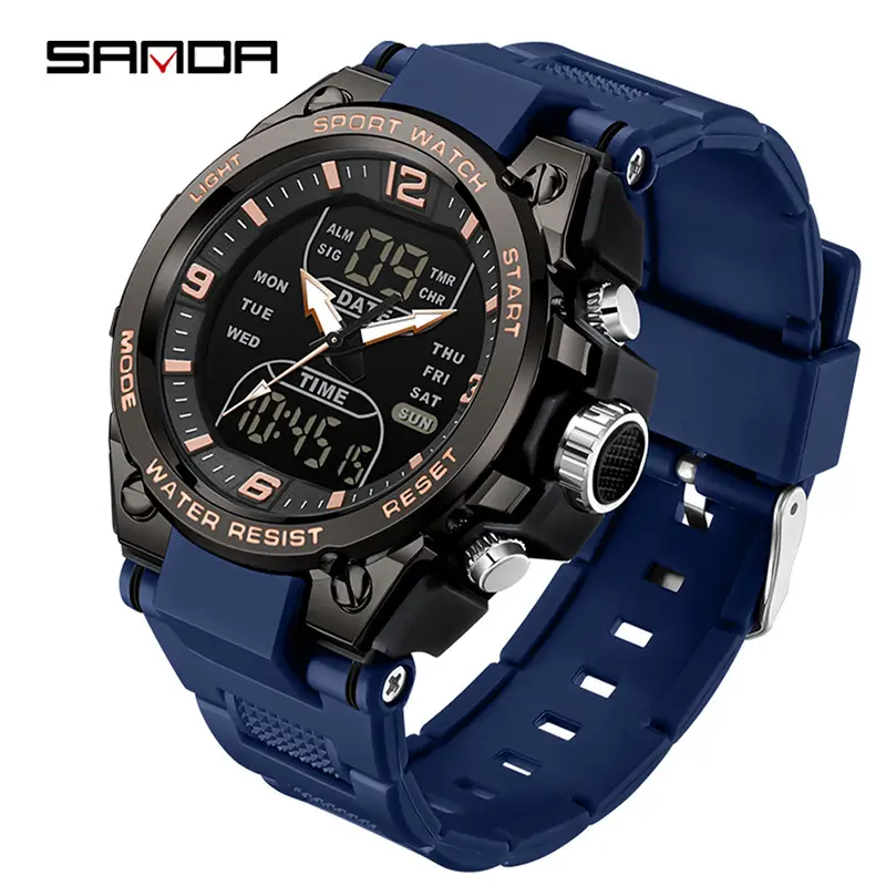 Sanda Dual Display Waterproof Sports Watch Blue Silicone - Image 4