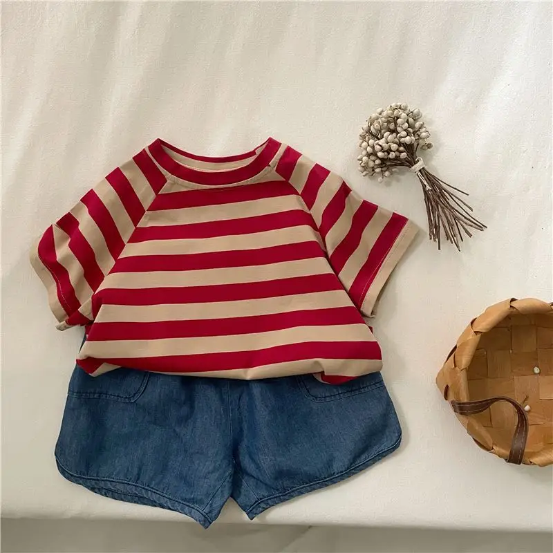 Kids Striped T-Shirt Red White Cotton Boys Girls — feature 11