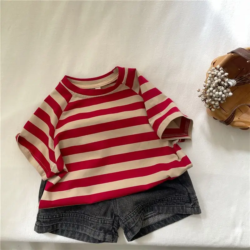 Kids Striped T-Shirt Red White Cotton Boys Girls — feature 12