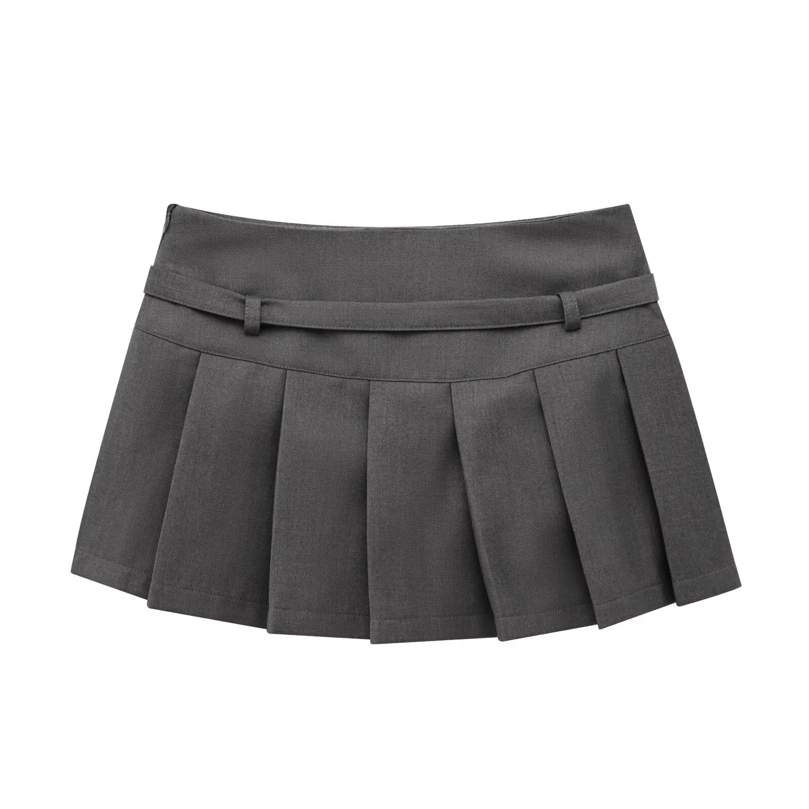 Women Grey Pleated Belted Skirt Slim Fit College Style - Image 2