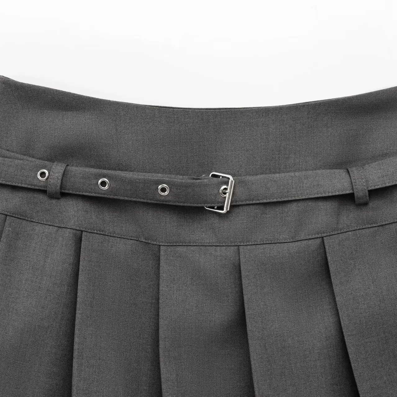 Women Grey Pleated Belted Skirt Slim Fit College Style - Image 3