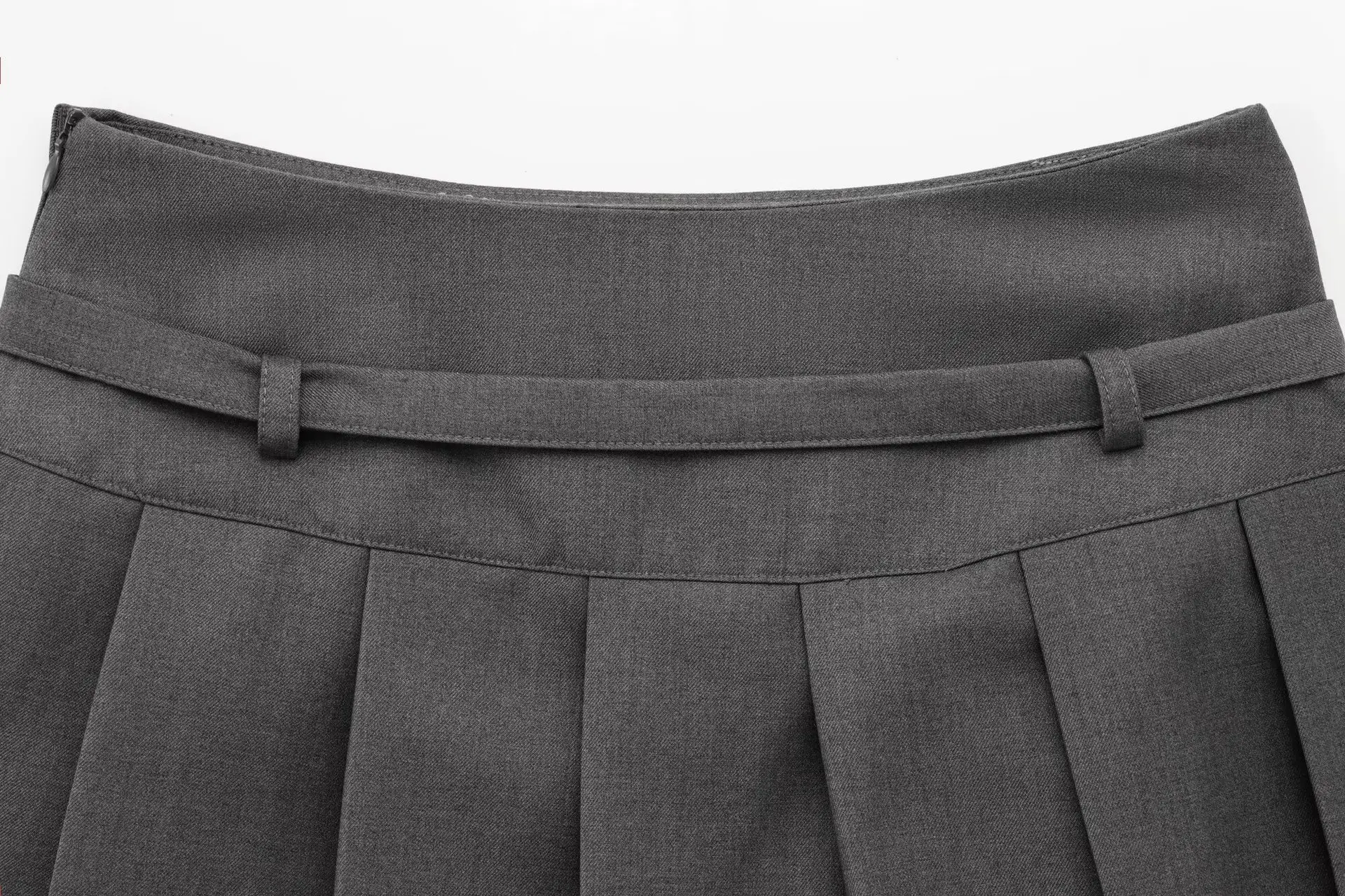 Women Grey Pleated Belted Skirt Slim Fit College Style — feature 10