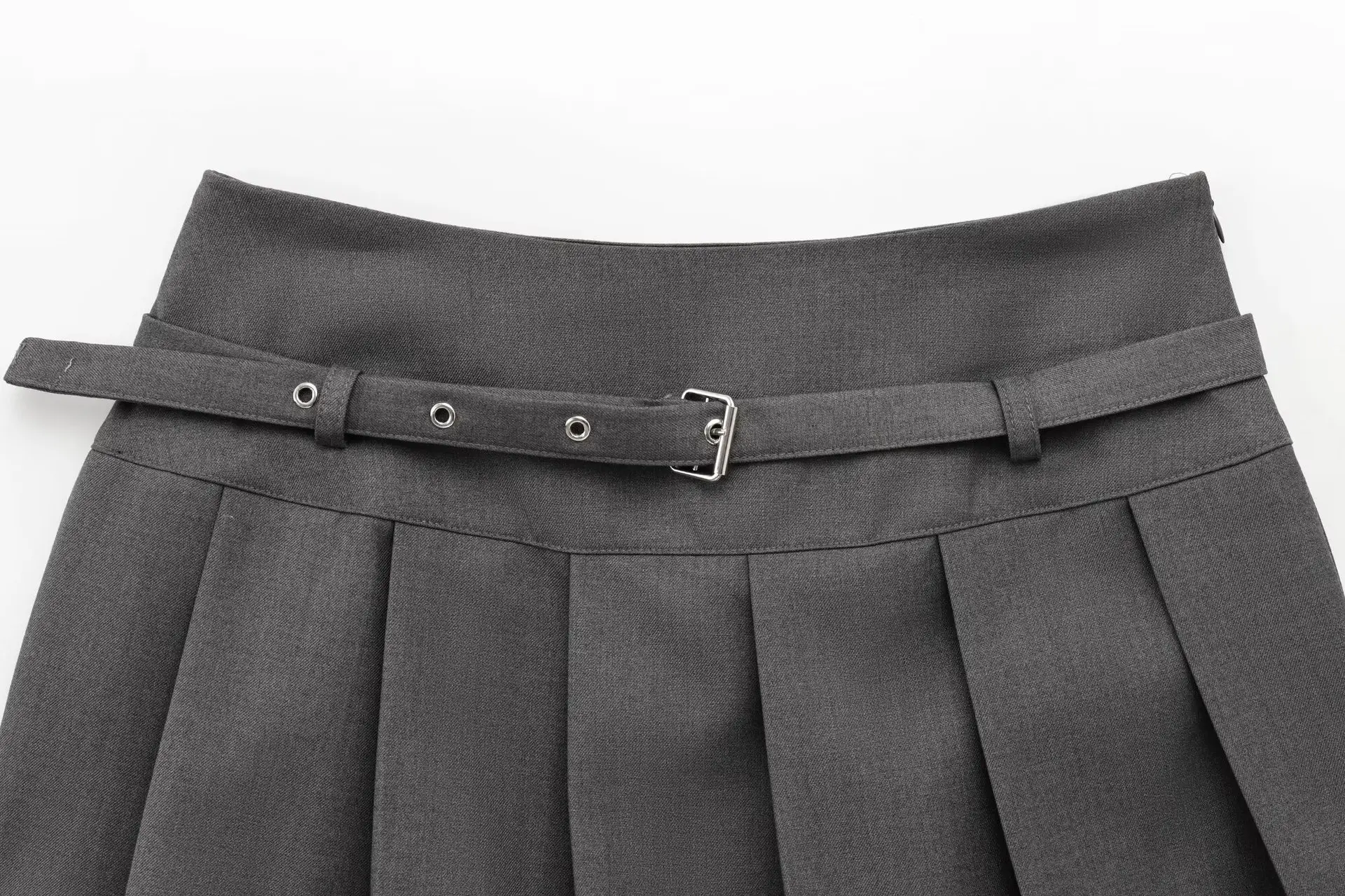 Women Grey Pleated Belted Skirt Slim Fit College Style — feature 4