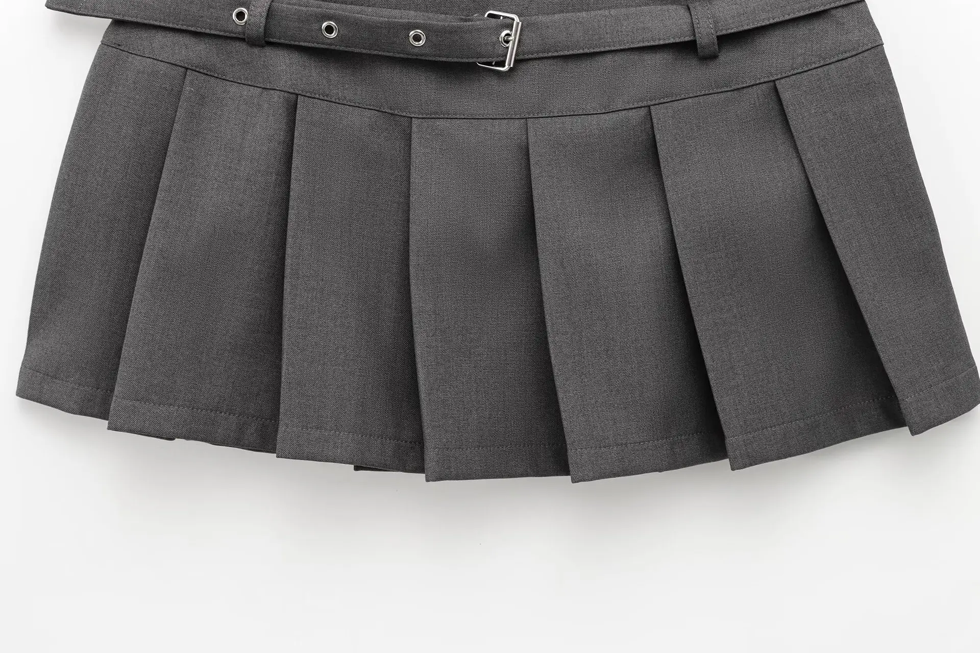 Women Grey Pleated Belted Skirt Slim Fit College Style — feature 6