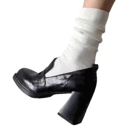 Women's Black High Heel Slip-On Loafers with Thick White Socks - Image 5