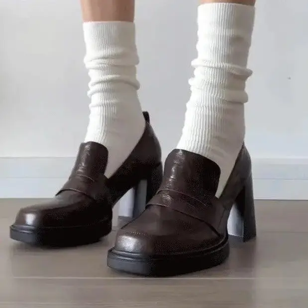 Women's Black High Heel Slip-On Loafers with Thick White Socks - Image 2