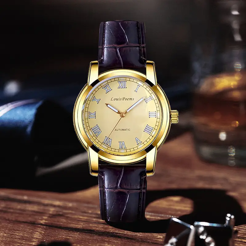 Men's Swiss Roman Dial Calendar Watch Gold Brown Strap - Image 3