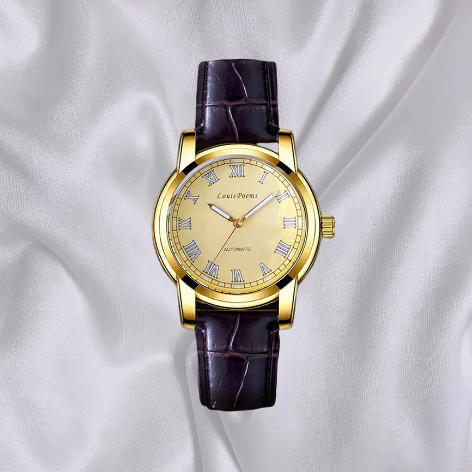 Men's Swiss Roman Dial Calendar Watch Gold Brown Strap - Image 4