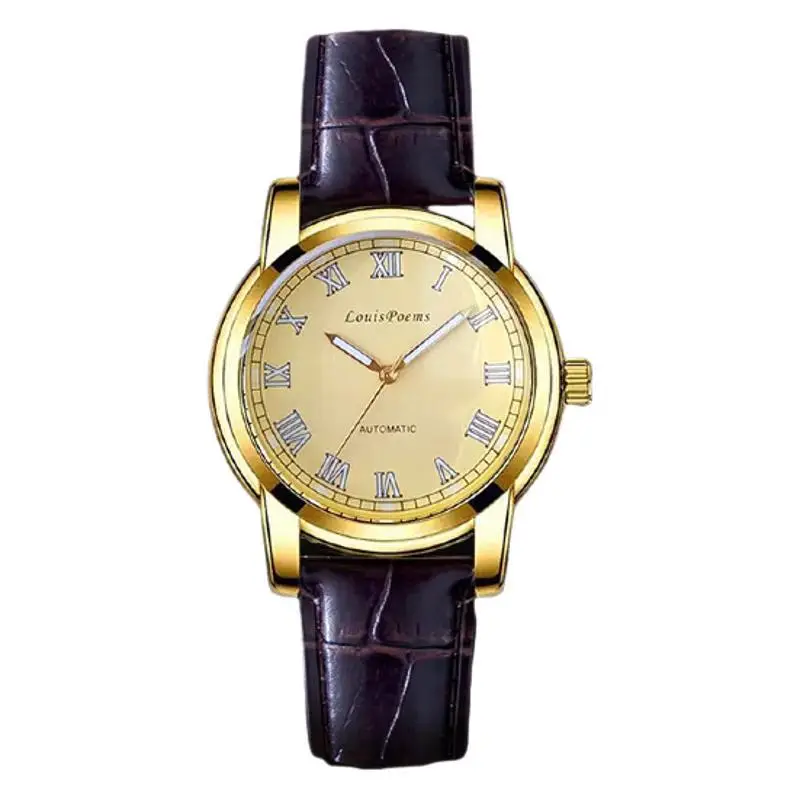 Men's Swiss Roman Dial Calendar Watch Gold Brown Strap - Image 5