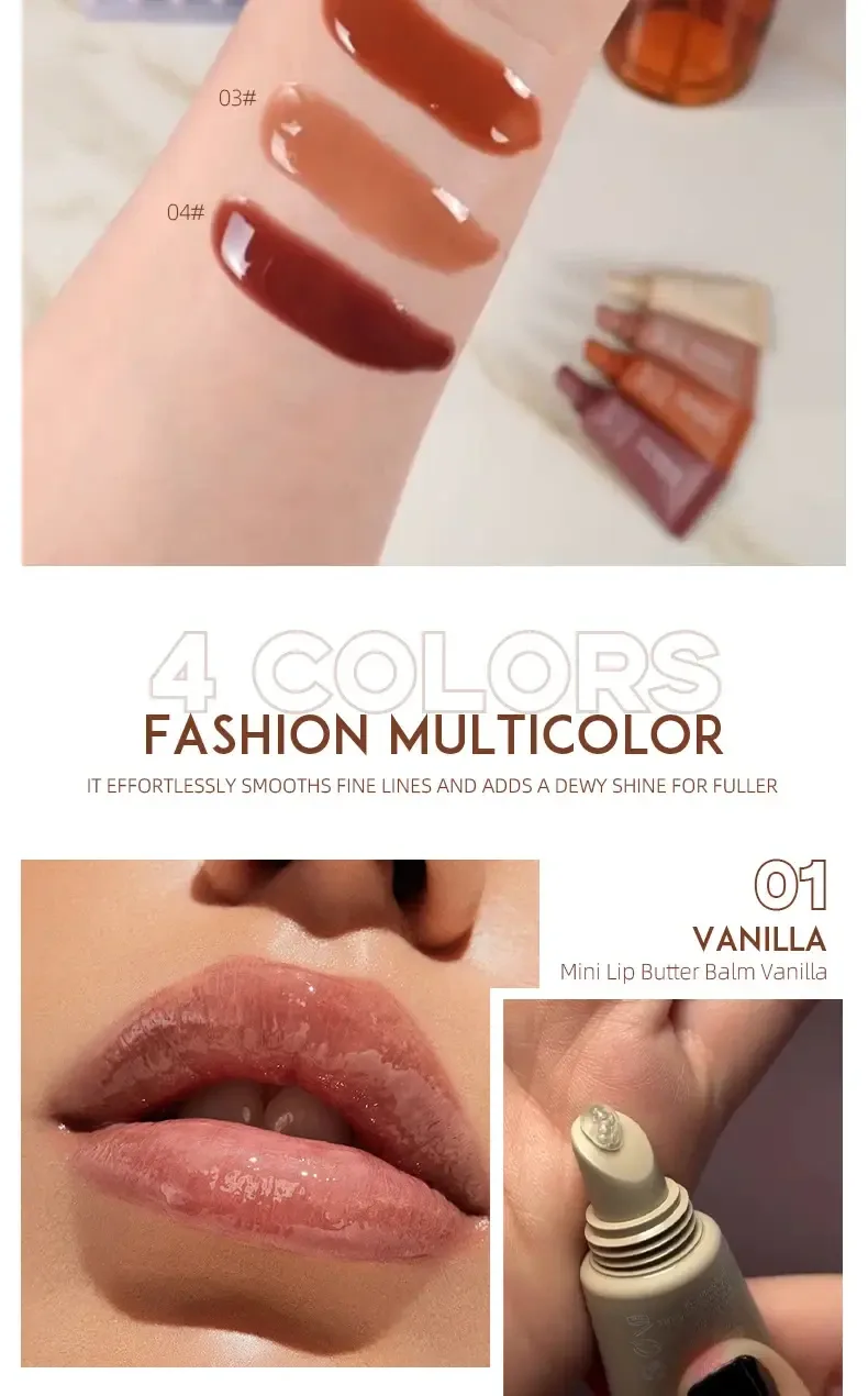 Lip balm swatches numbered 01 to 04 and a Vanilla shade application image.