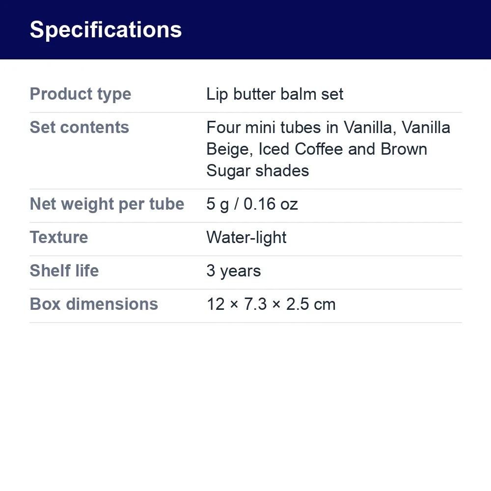 Mini Lip Butter Balm Set, Four 5 g Shades – specifications