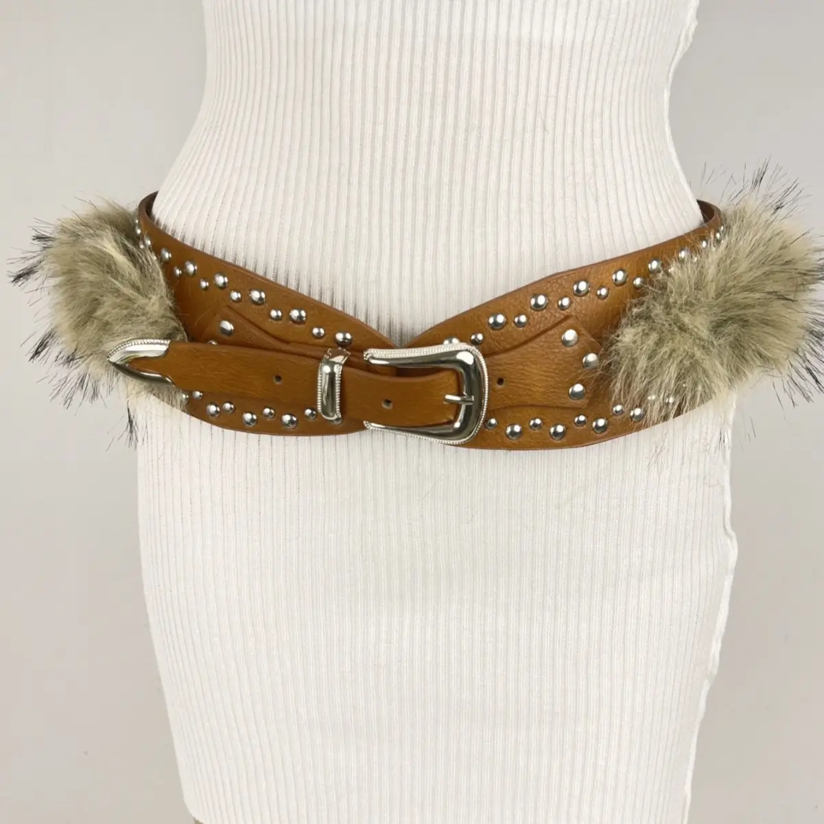 Black Fur Patchwork Waist Cincher Belt with Rivets - Image 5