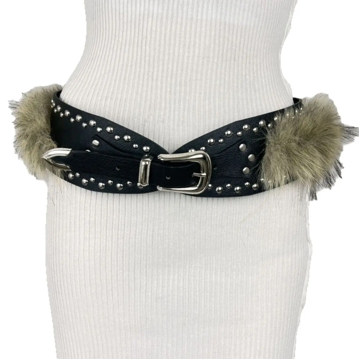 Black Fur Patchwork Waist Cincher Belt with Rivets - Image 8