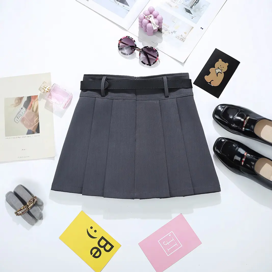 Black Pleated Skirt with Belt for Women Spring Summer - Image 5