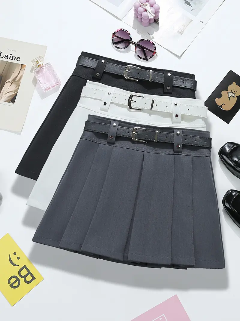 Black Pleated Skirt with Belt for Women Spring Summer — feature 1