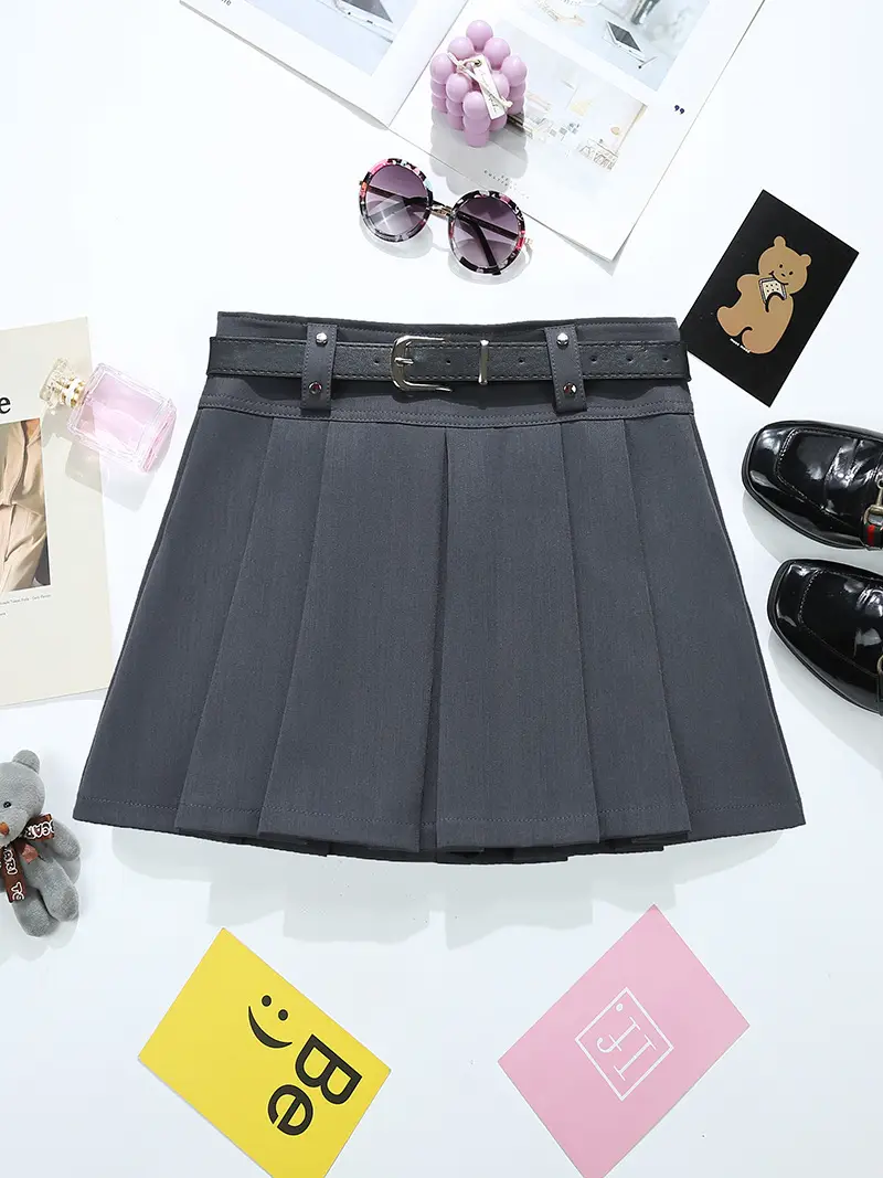 Black Pleated Skirt with Belt for Women Spring Summer — feature 11