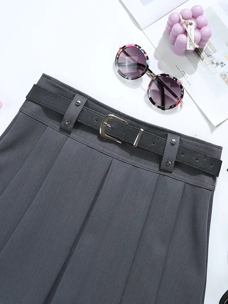 Black Pleated Skirt with Belt for Women Spring Summer — feature 5