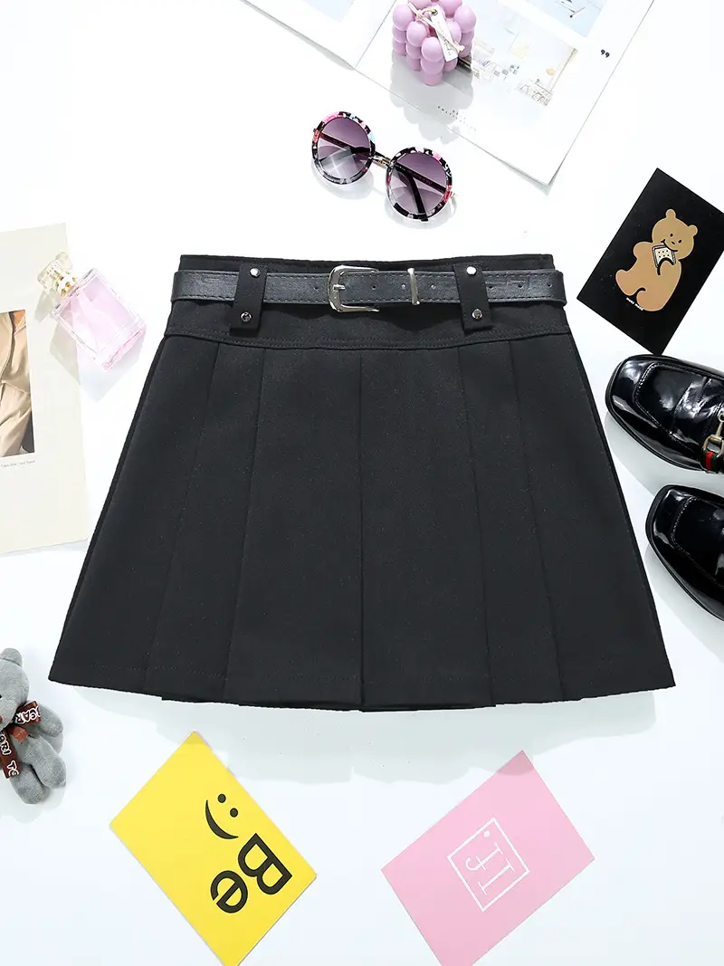 Black Pleated Skirt with Belt for Women Spring Summer — feature 9