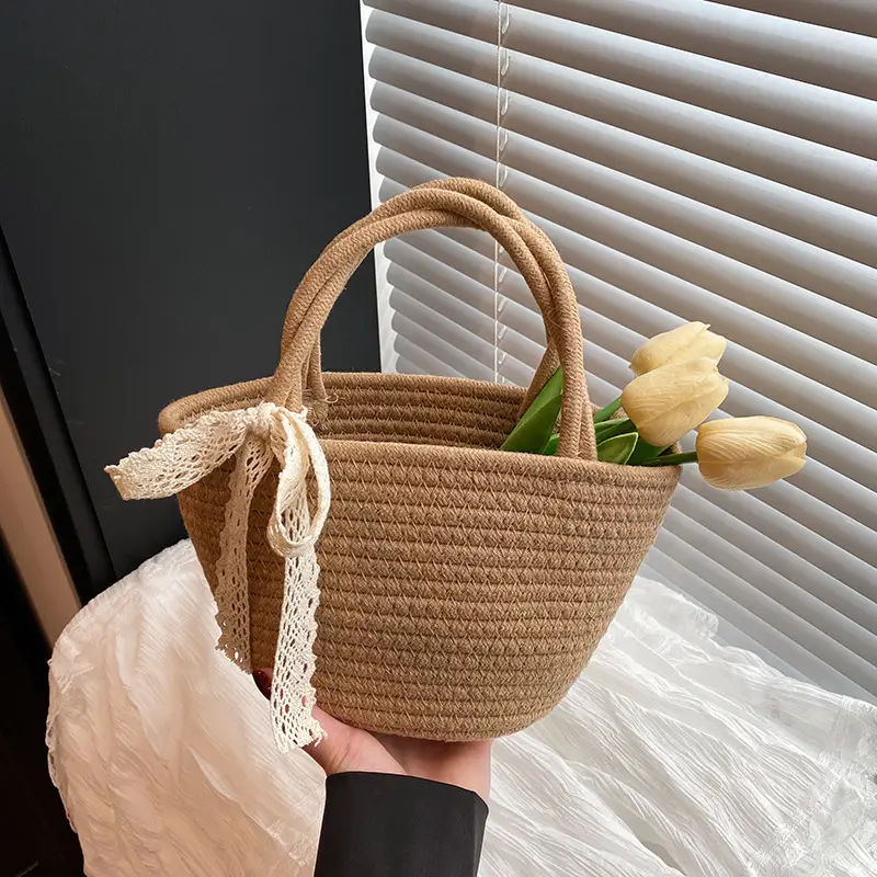 Women Straw Woven Vegetable Basket Handmade Bag - Image 3