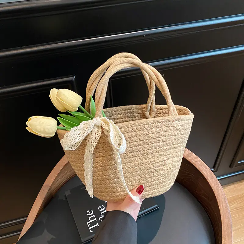 Women Straw Woven Vegetable Basket Handmade Bag - Image 4