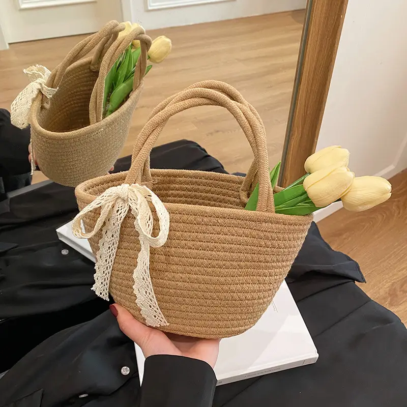 Women Straw Woven Vegetable Basket Handmade Bag - Image 5