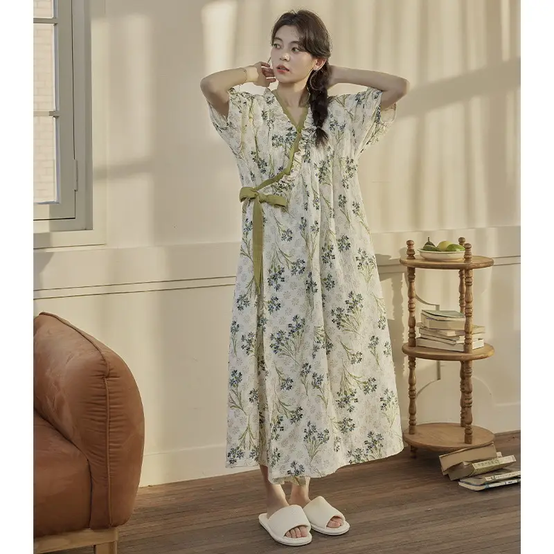 Short-sleeved Nightgown with Chest Pad Women's Summer Thin European and American Flower Ice Silk plus size Outer Wearing Mid-length Home Clothes Skirt