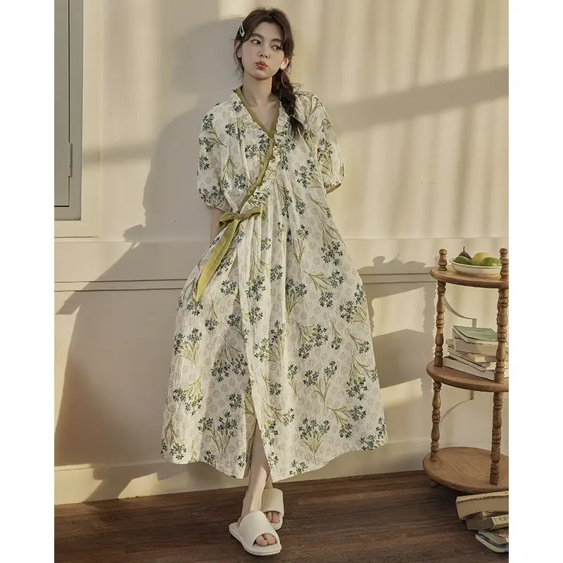 Short-sleeved Nightgown with Chest Pad Women's Summer Thin European and American Flower Ice Silk plus size Outer Wearing Mid-length Home Clothes Skirt