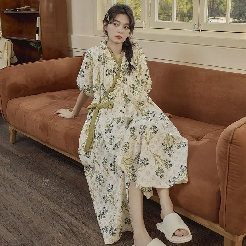 Short-sleeved Nightgown with Chest Pad Women's Summer Thin European and American Flower Ice Silk plus size Outer Wearing Mid-length Home Clothes Skirt