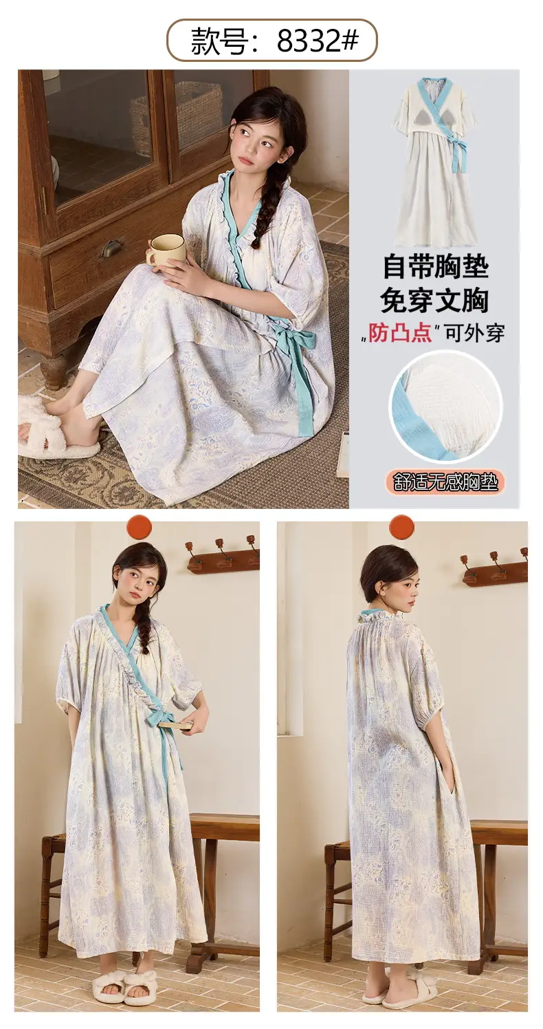 Short-sleeved Nightgown with Chest Pad Women's Summer Thin European and American Flower Ice Silk plus size Outer Wearing Mid-length Home Clothes Skirt
