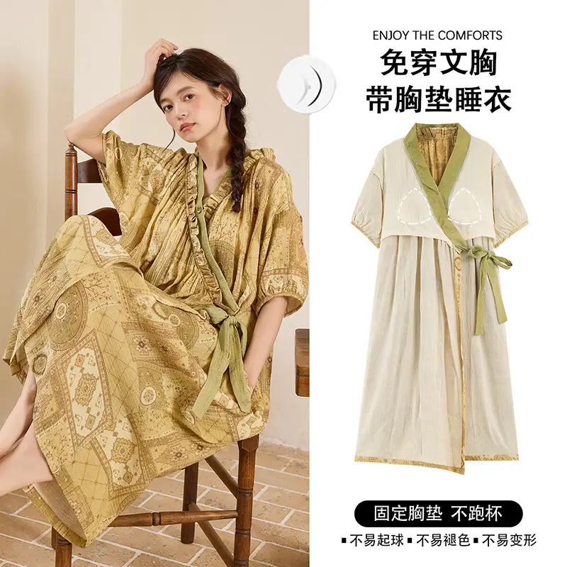 Short-sleeved Nightgown with Chest Pad Women's Summer Thin European and American Flower Ice Silk plus size Outer Wearing Mid-length Home Clothes Skirt
