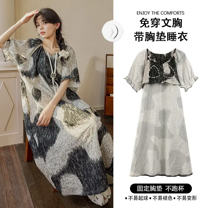 Short-sleeved Nightgown with Chest Pad Women's Summer Thin European and American Flower Ice Silk plus size Outer Wearing Mid-length Home Clothes Skirt