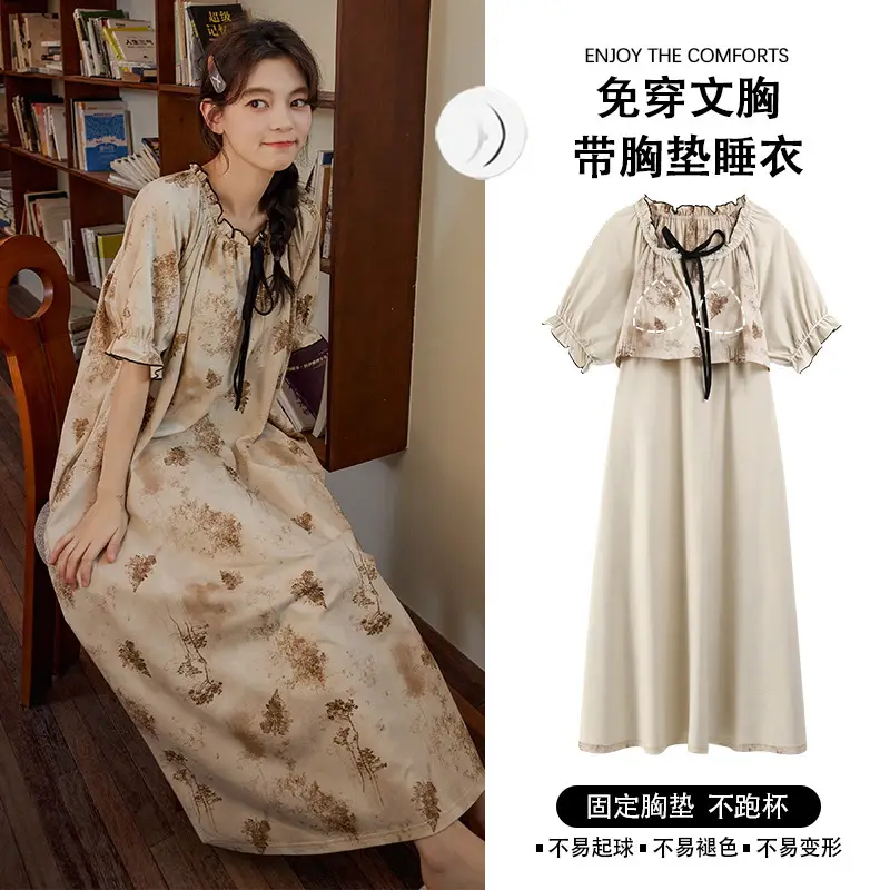 Short-sleeved Nightgown with Chest Pad Women's Summer Thin European and American Flower Ice Silk plus size Outer Wearing Mid-length Home Clothes Skirt