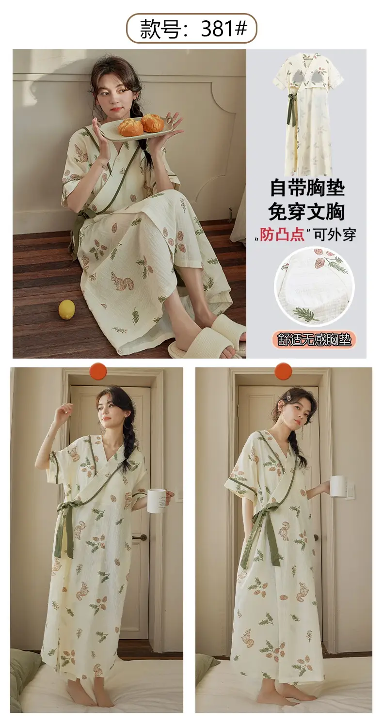 Short-sleeved Nightgown with Chest Pad Women's Summer Thin European and American Flower Ice Silk plus size Outer Wearing Mid-length Home Clothes Skirt