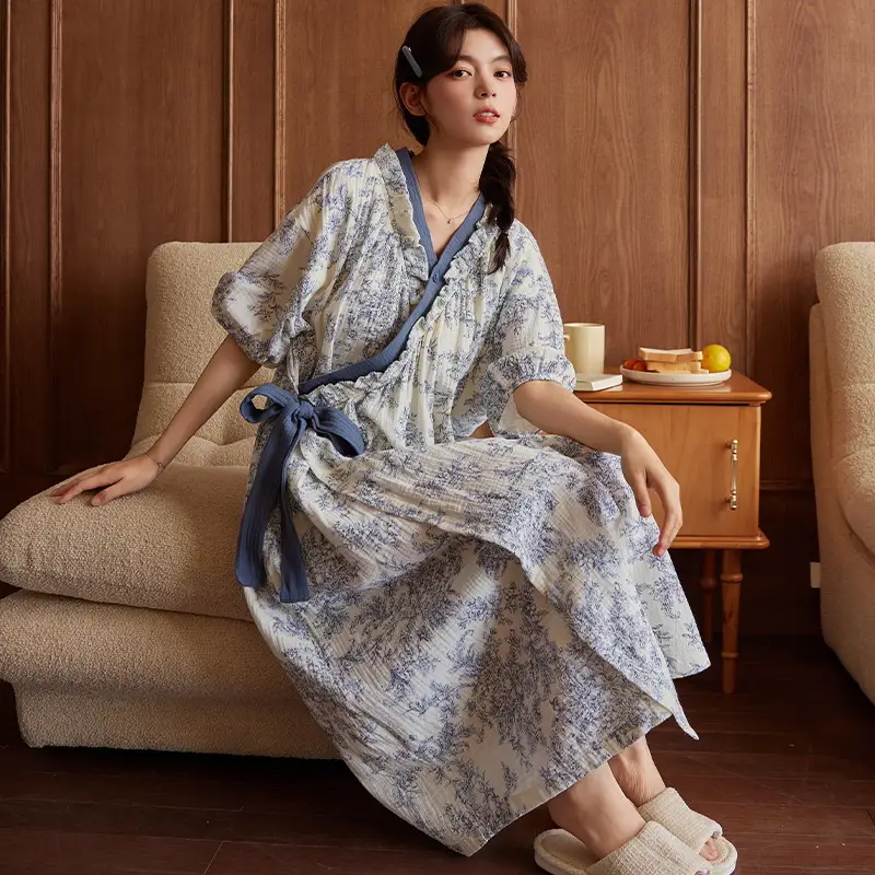 Short-sleeved Nightgown with Chest Pad Women's Summer Thin European and American Flower Ice Silk plus size Outer Wearing Mid-length Home Clothes Skirt