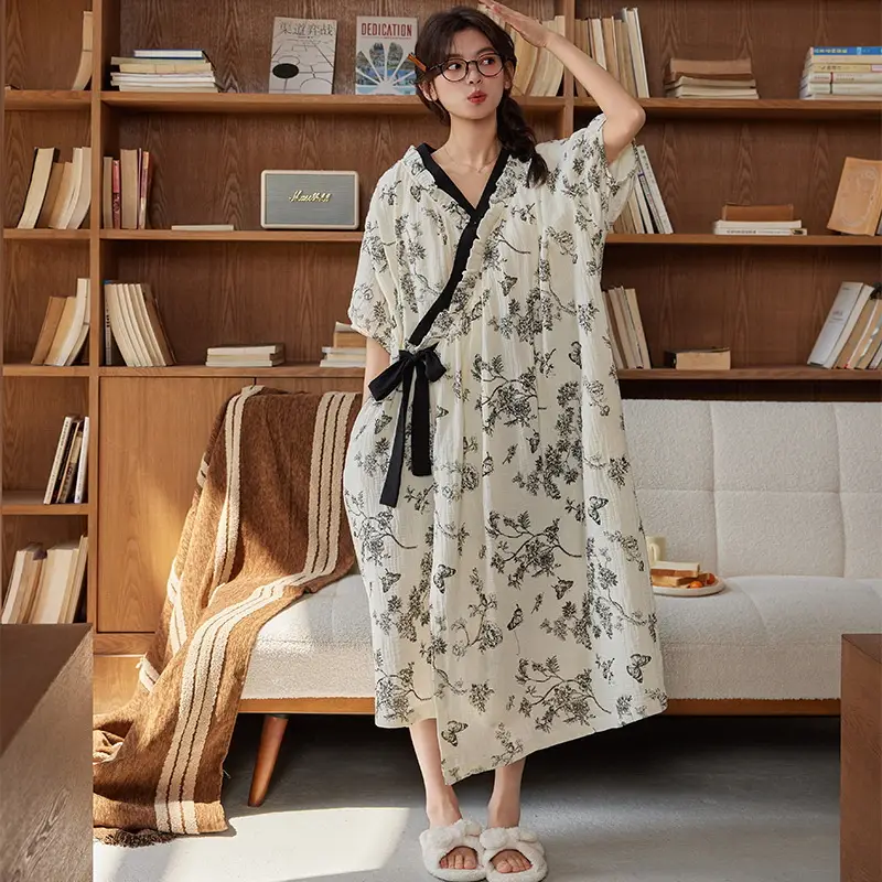 Short-sleeved Nightgown with Chest Pad Women's Summer Thin European and American Flower Ice Silk plus size Outer Wearing Mid-length Home Clothes Skirt