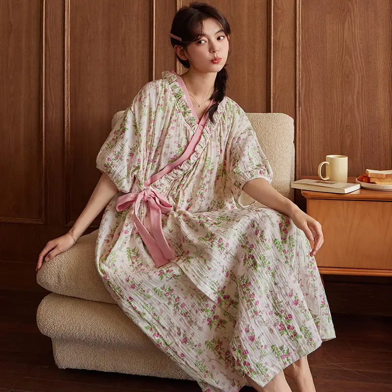 Short-sleeved Nightgown with Chest Pad Women's Summer Thin European and American Flower Ice Silk plus size Outer Wearing Mid-length Home Clothes Skirt