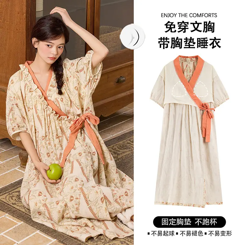 Short-sleeved Nightgown with Chest Pad Women's Summer Thin European and American Flower Ice Silk plus size Outer Wearing Mid-length Home Clothes Skirt