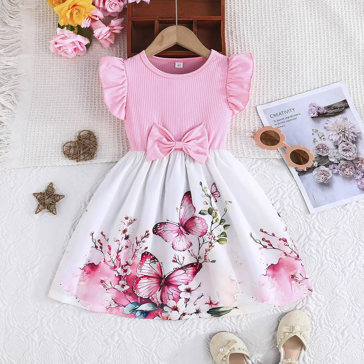 Blue Butterfly Print Girls Dress Small Fly Sleeve - Image 4