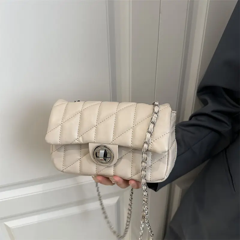 Women's Rhombus Embroidered Shoulder Bag Cream White - Image 6