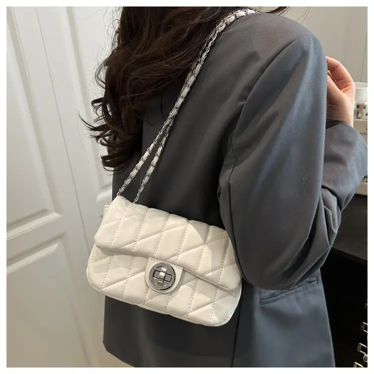 Women's Rhombus Embroidered Shoulder Bag Cream White — feature 12