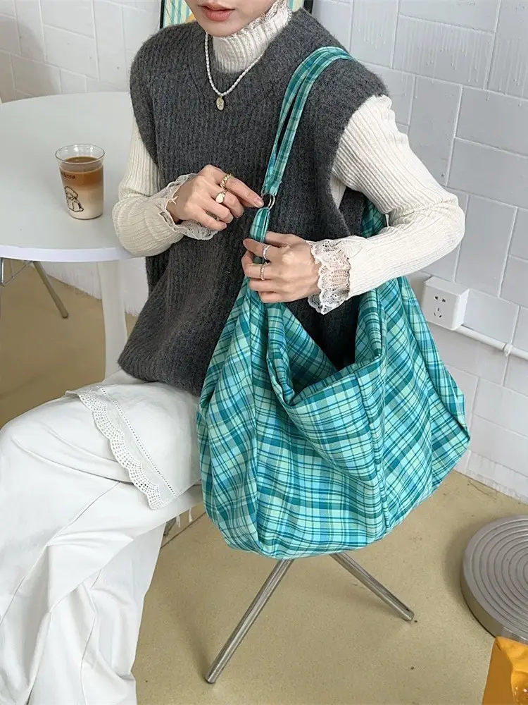 5-Piece Plaid Cloth Tote Bag Set Large Capacity Casual Shoulder Tote - Image 7