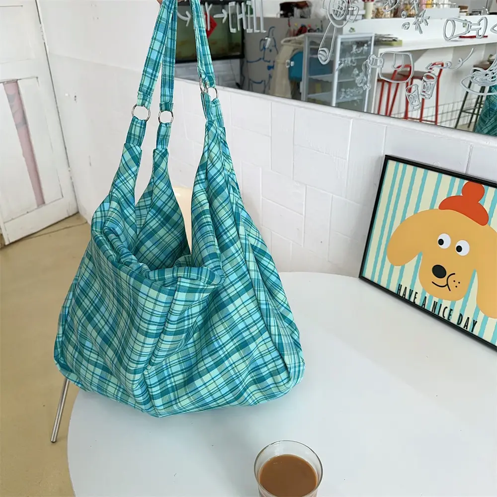 5-Piece Plaid Cloth Tote Bag Set Large Capacity Casual Shoulder Tote - Image 2