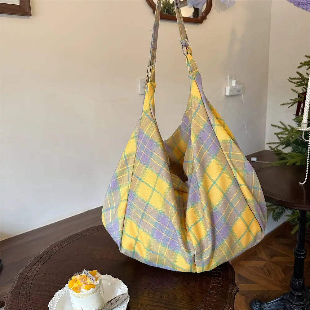 5-Piece Plaid Cloth Tote Bag Set Large Capacity Casual Shoulder Tote - Image 3