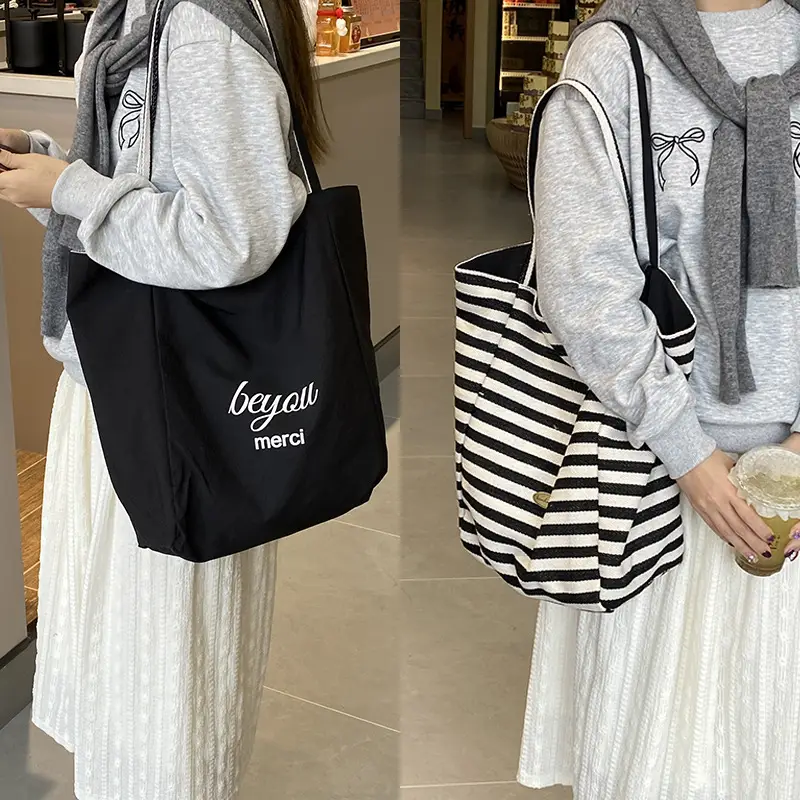 2024 Striped Canvas Tote Bags for Women - Image 2