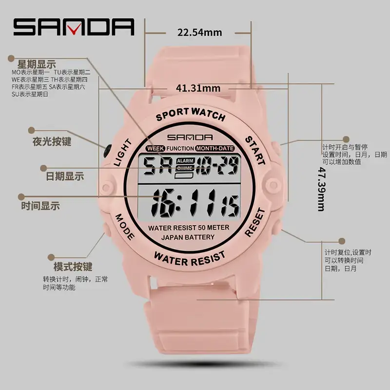 Sanda Pink Digital Watch 41.3mm Waterproof - Image 10