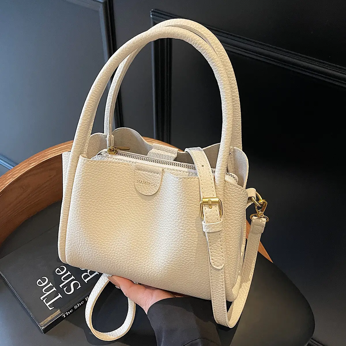 Beige Square Handbag with Gold Plated Handles - Image 6