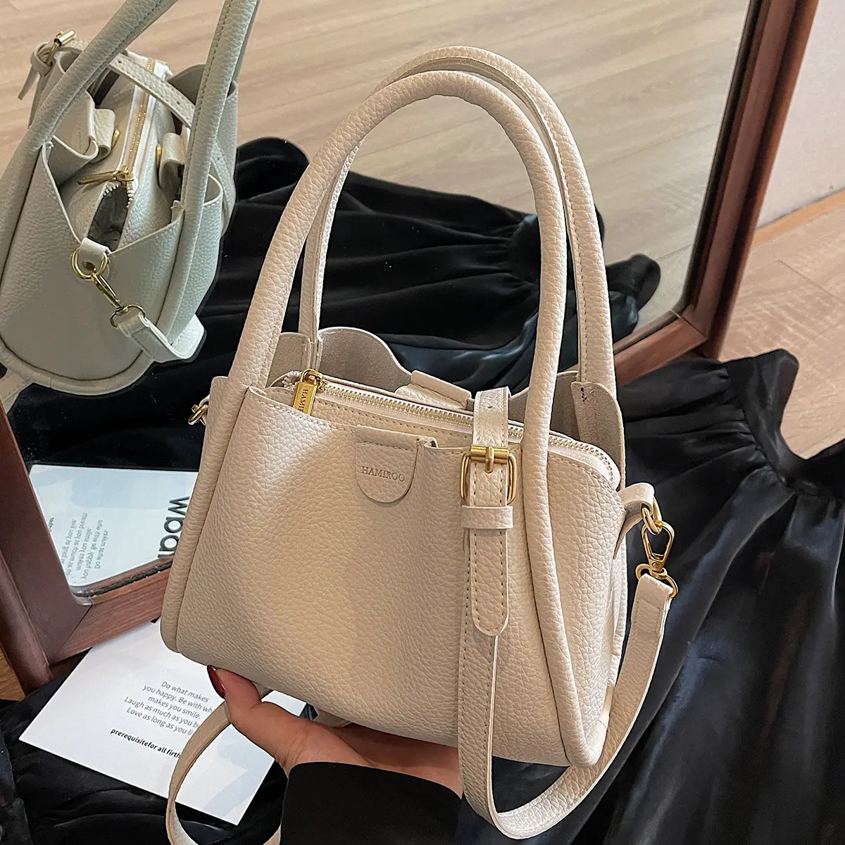 Beige Square Handbag with Gold Plated Handles - Image 8