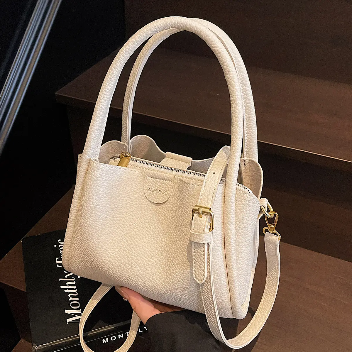 Beige Square Handbag with Gold Plated Handles - Image 9