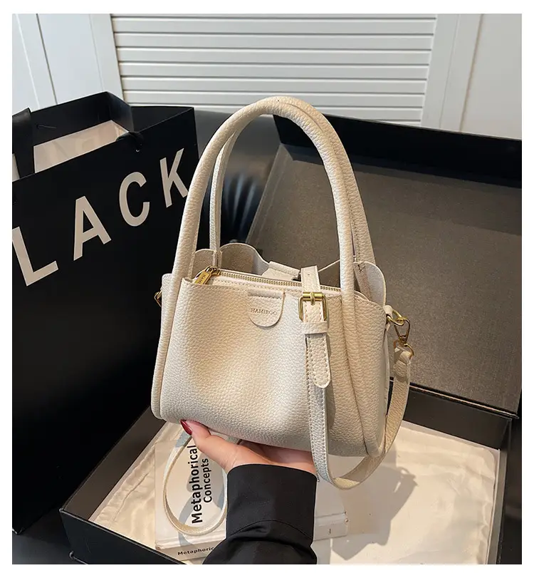 Beige Square Handbag with Gold Plated Handles — feature 1